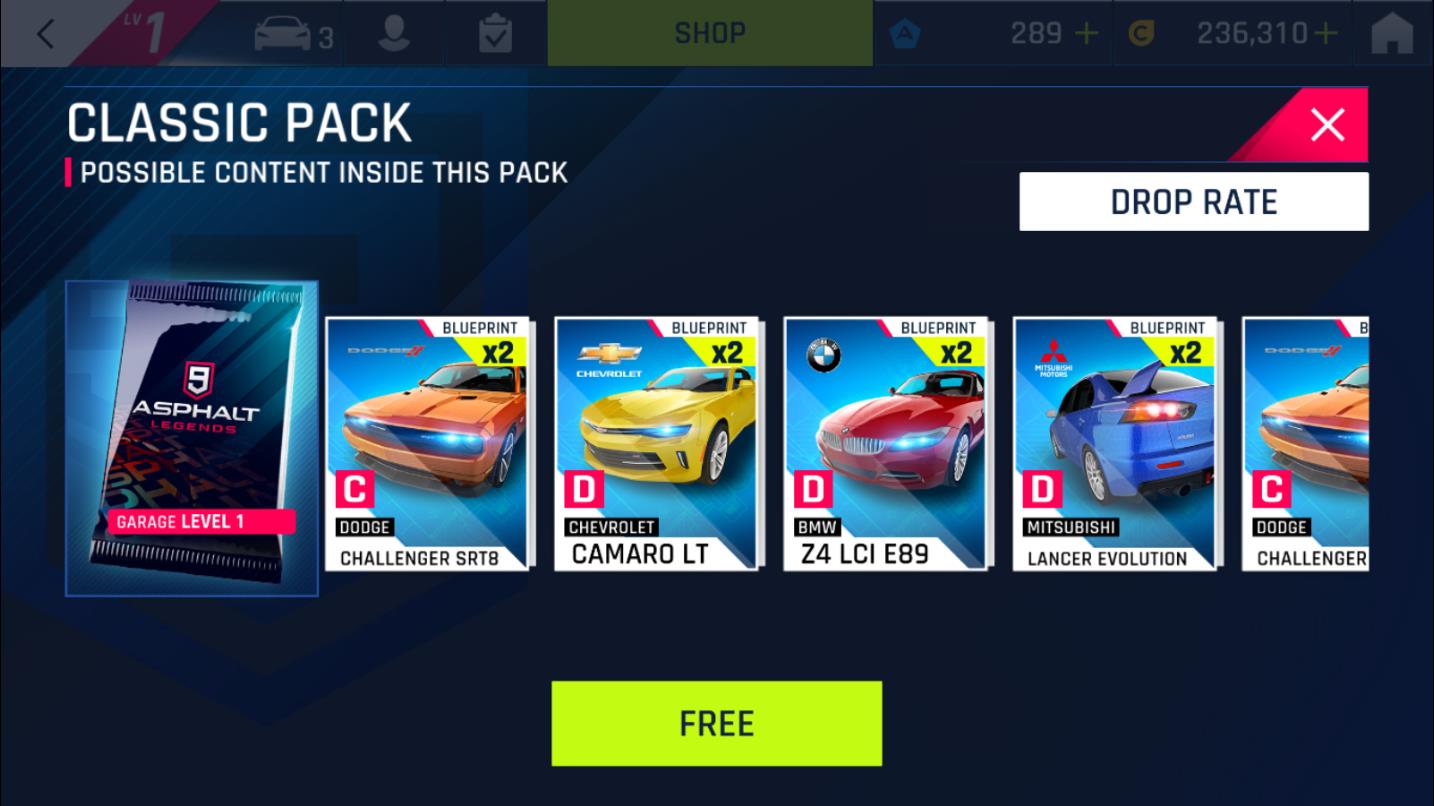 A screenshot of the garage view in the Asphalt 9 mobile racing game