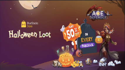 Préparez-vous pour le Butin d’Halloween sur le BlueStacks Store: Obtenez 50% de Réduction sur Tous les Achats dans Défenseur : Guerre du dragon avec le Butin d’Halloween!