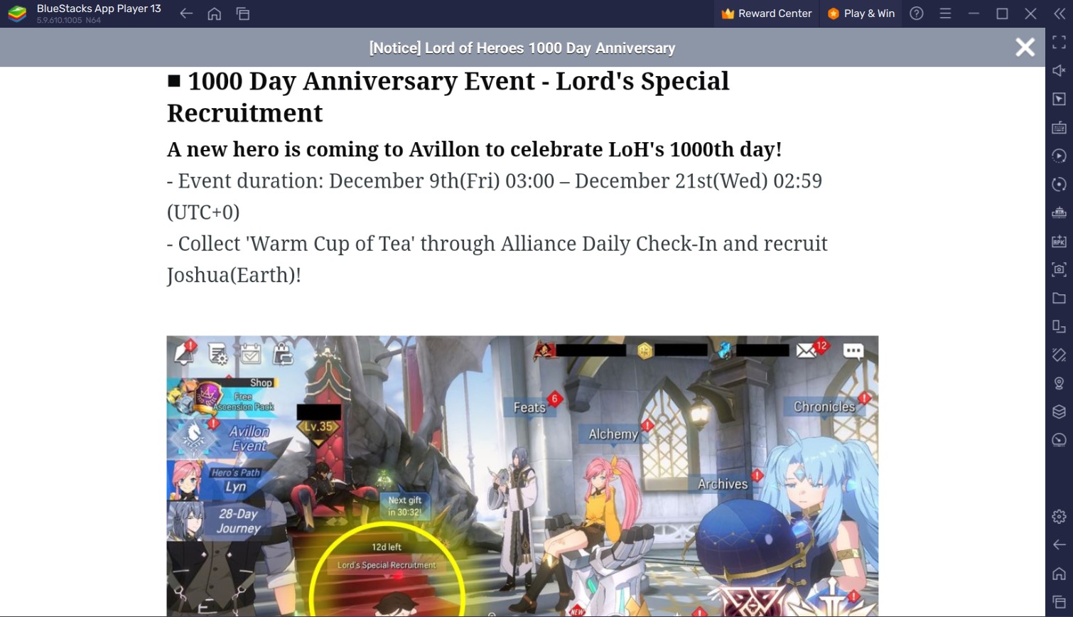 Lord of Heroes 1000th Day Anniversary – Free New Hero Earth Joshua and Lord’s Recruitment Event