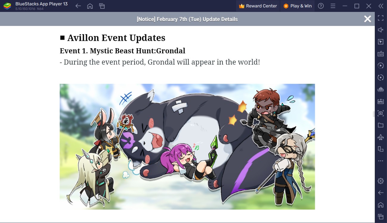 Lord of Heroes – Light Lairei Re-Run, 7 Avillon Events, Mystic Beast Hunt Grondal, and more in February Update