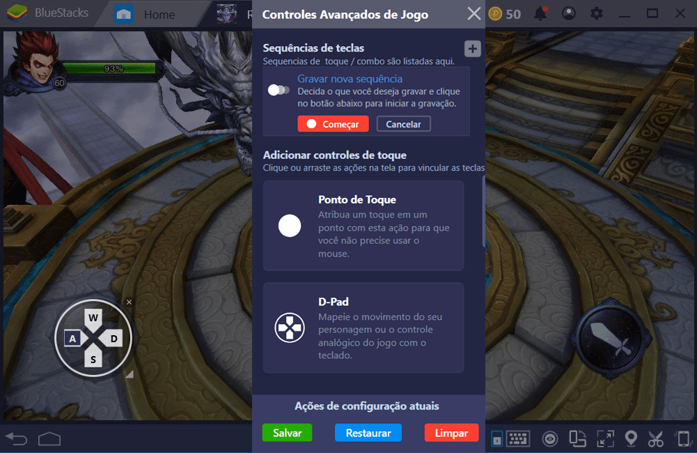 Configurando Rage of Righteous com BlueStacks.