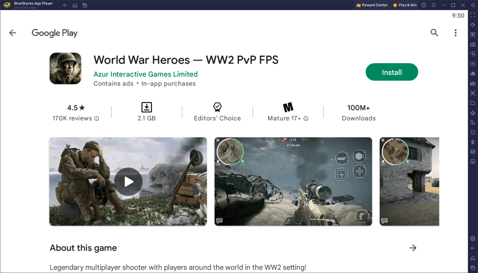 Шутер World War Heroes на компьютере через BlueStacks