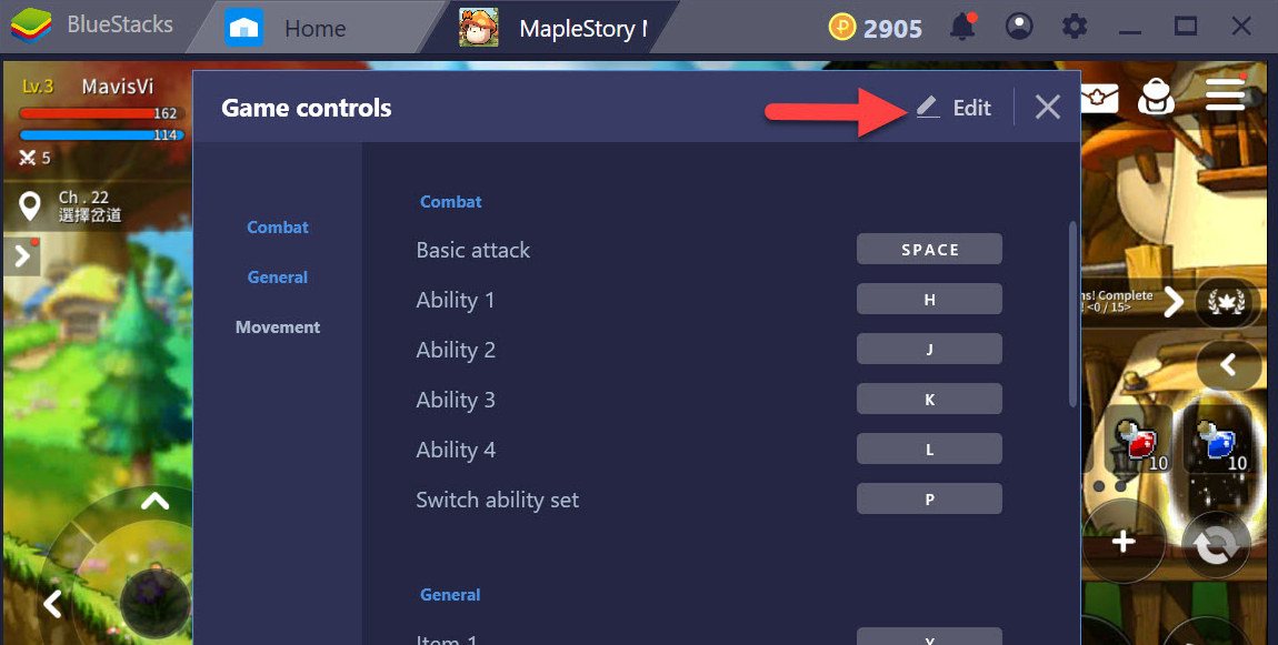 在BlueStacks 4進行《楓之谷M》「遊戲控制」設置