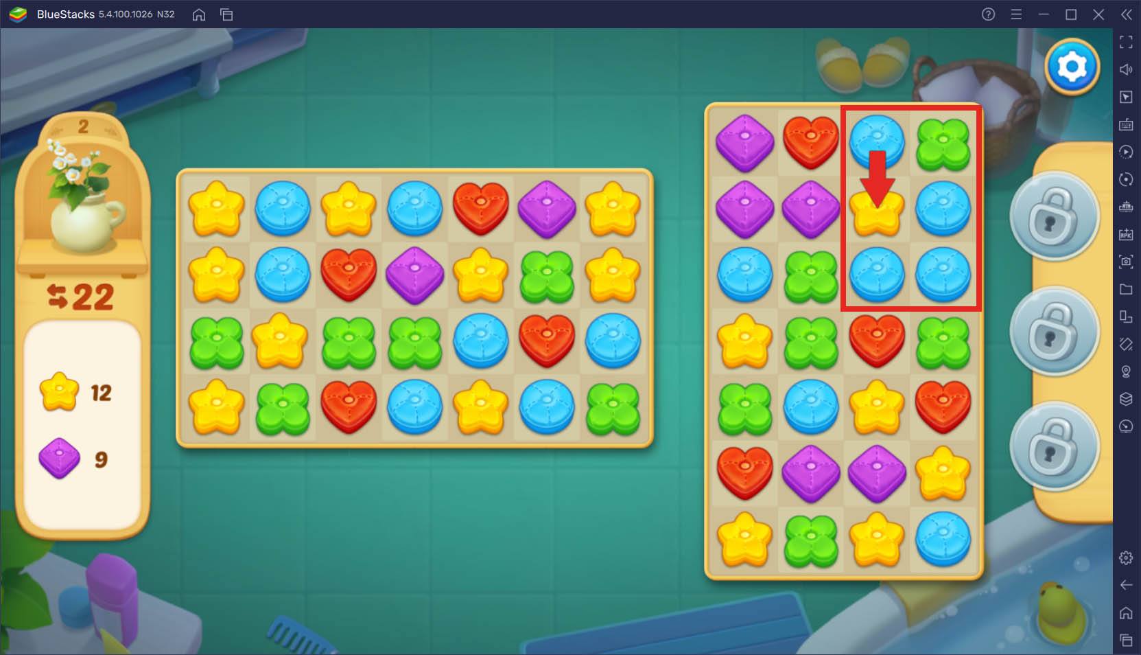 Kombiniere Kissen und sprenge Bretter in Matchington Mansion mit BlueStacks