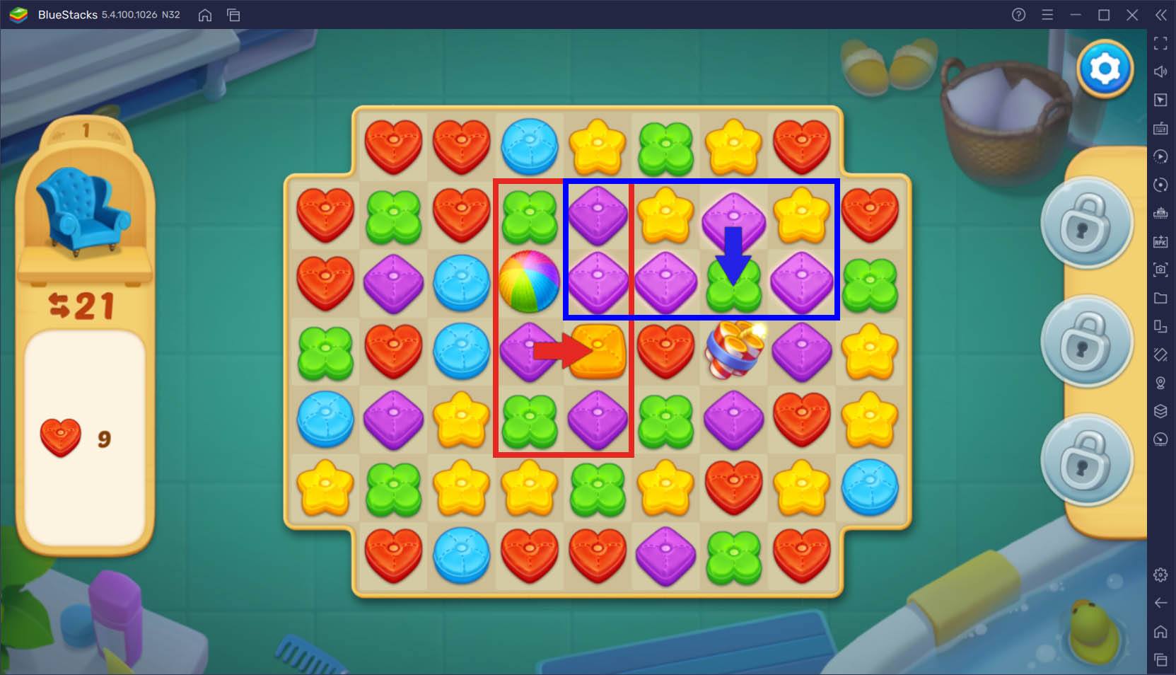 Kombiniere Kissen und sprenge Bretter in Matchington Mansion mit BlueStacks