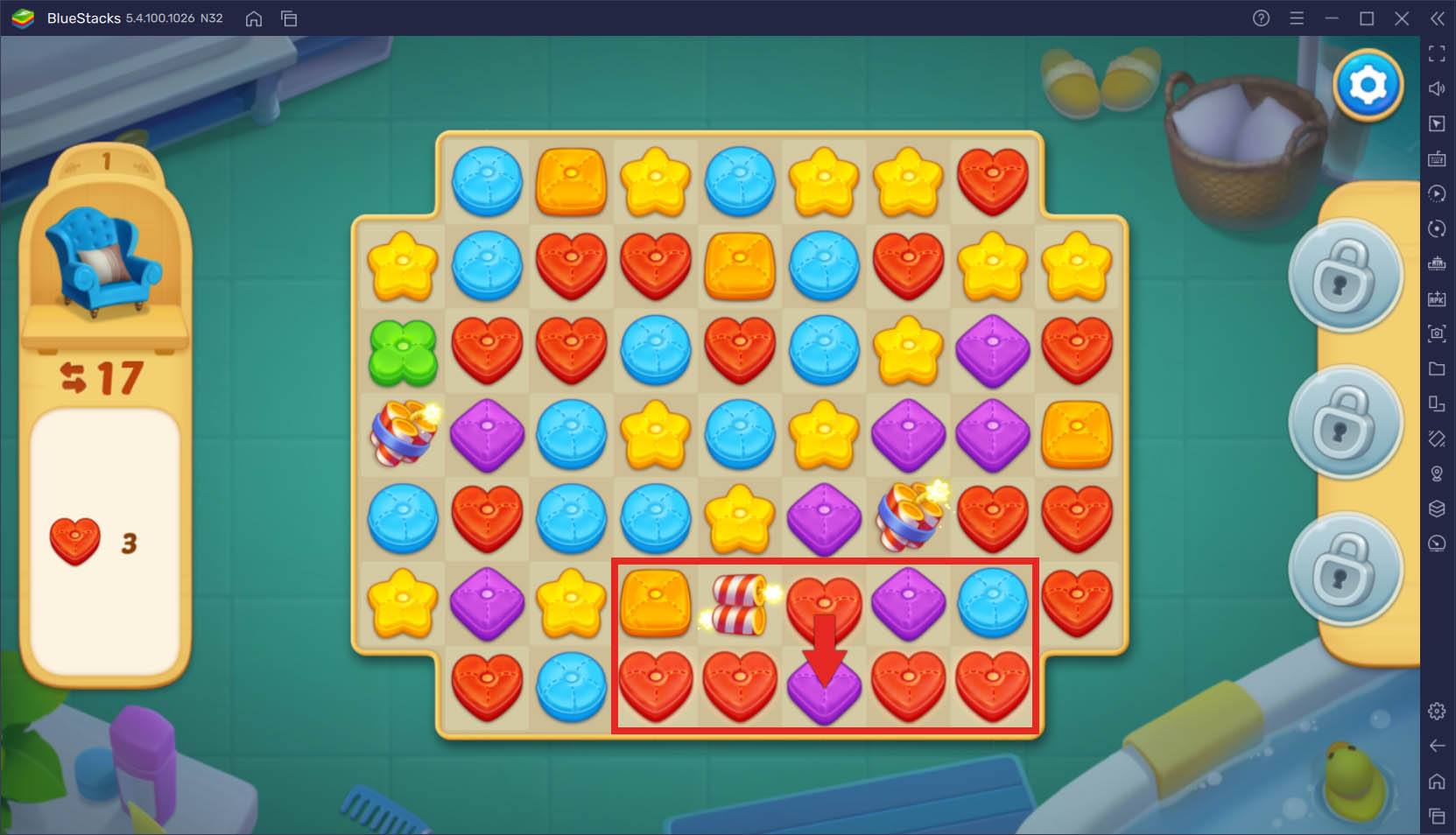 Kombiniere Kissen und sprenge Bretter in Matchington Mansion mit BlueStacks