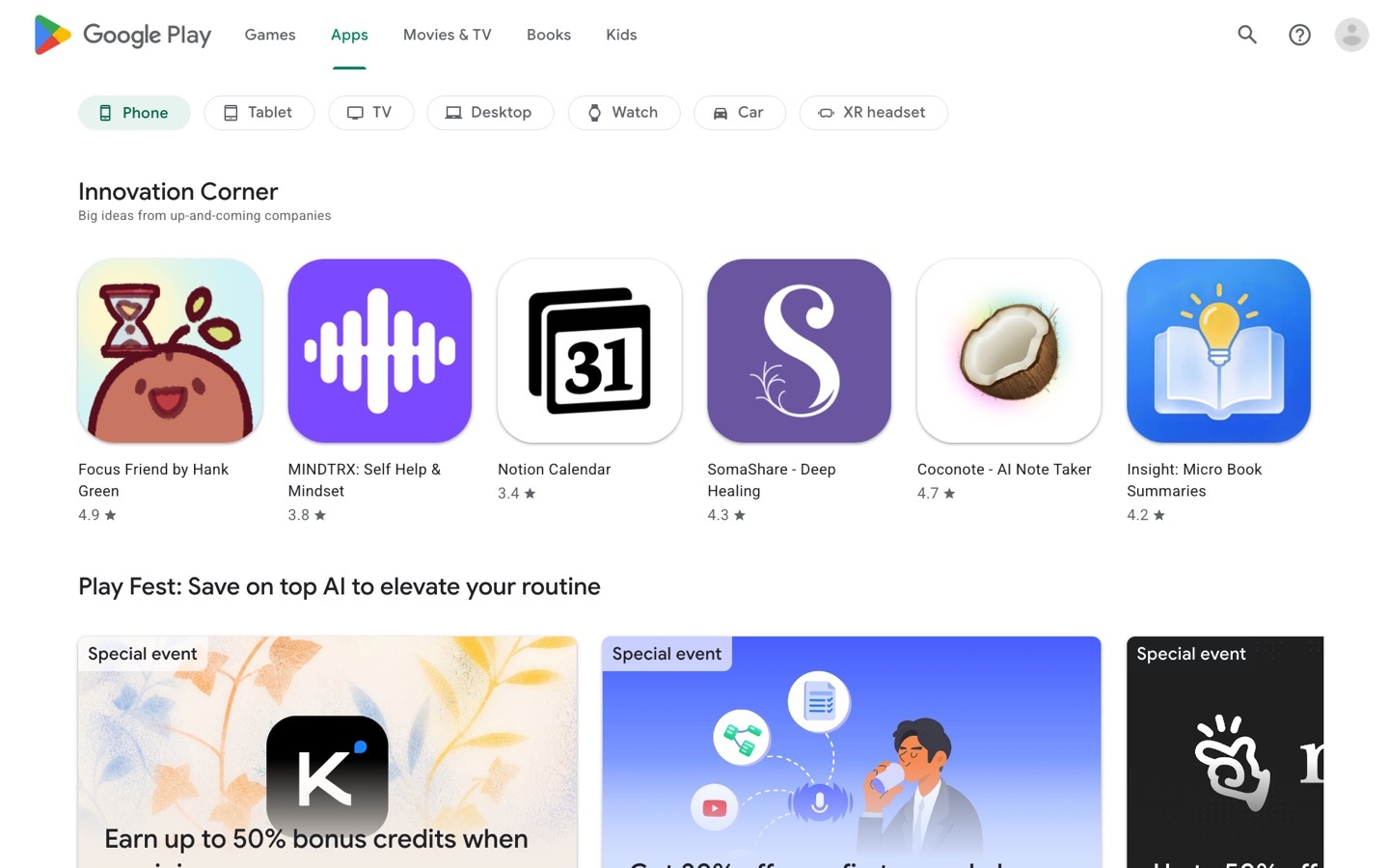 Google Play store home