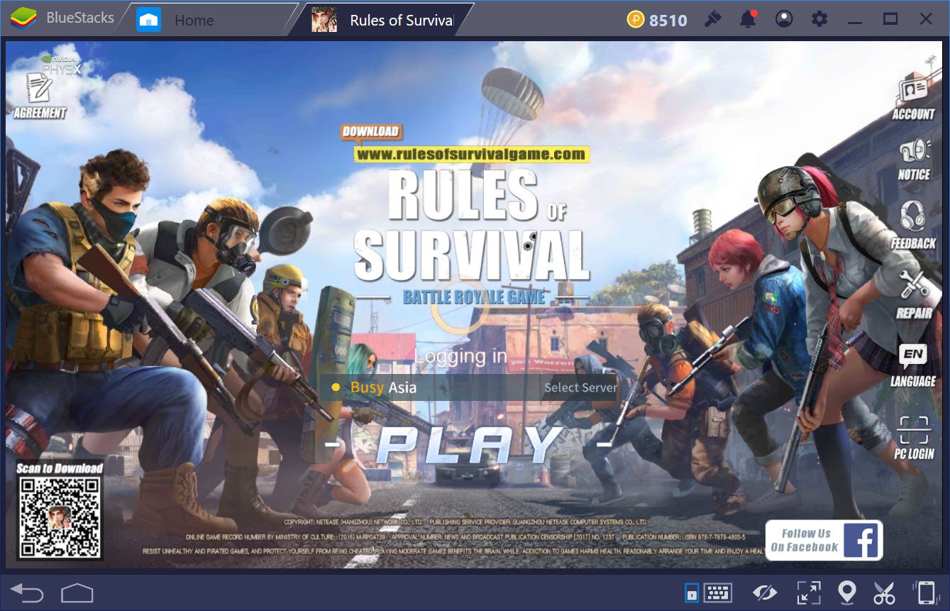 Hướng dẫn liên kết tài khoản Facebook, chuyển đổi tài khoản Rules of Survival trên BlueStacks