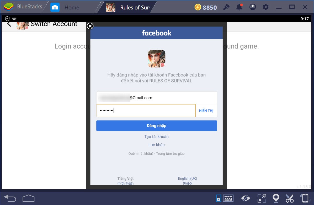 Hướng dẫn liên kết tài khoản Facebook, chuyển đổi tài khoản Rules of Survival trên BlueStacks