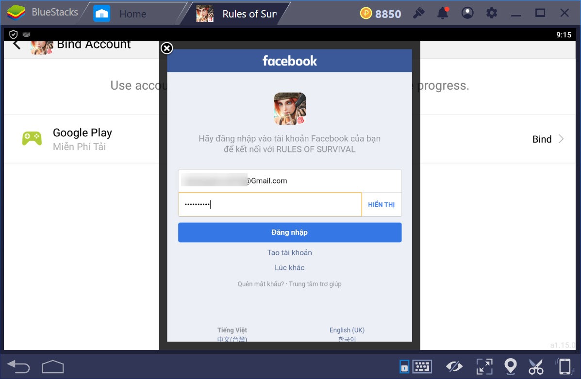 Hướng dẫn liên kết tài khoản Facebook, chuyển đổi tài khoản Rules of Survival trên BlueStacks