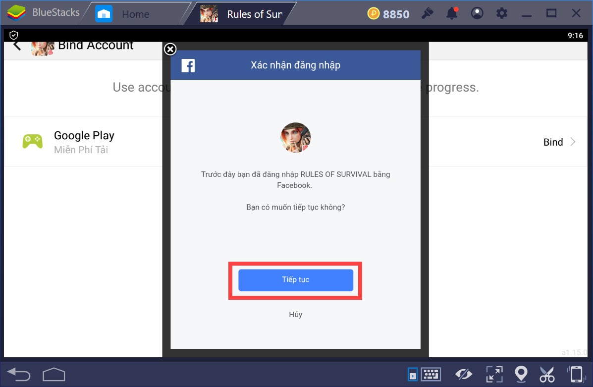Hướng dẫn liên kết tài khoản Facebook, chuyển đổi tài khoản Rules of Survival trên BlueStacks