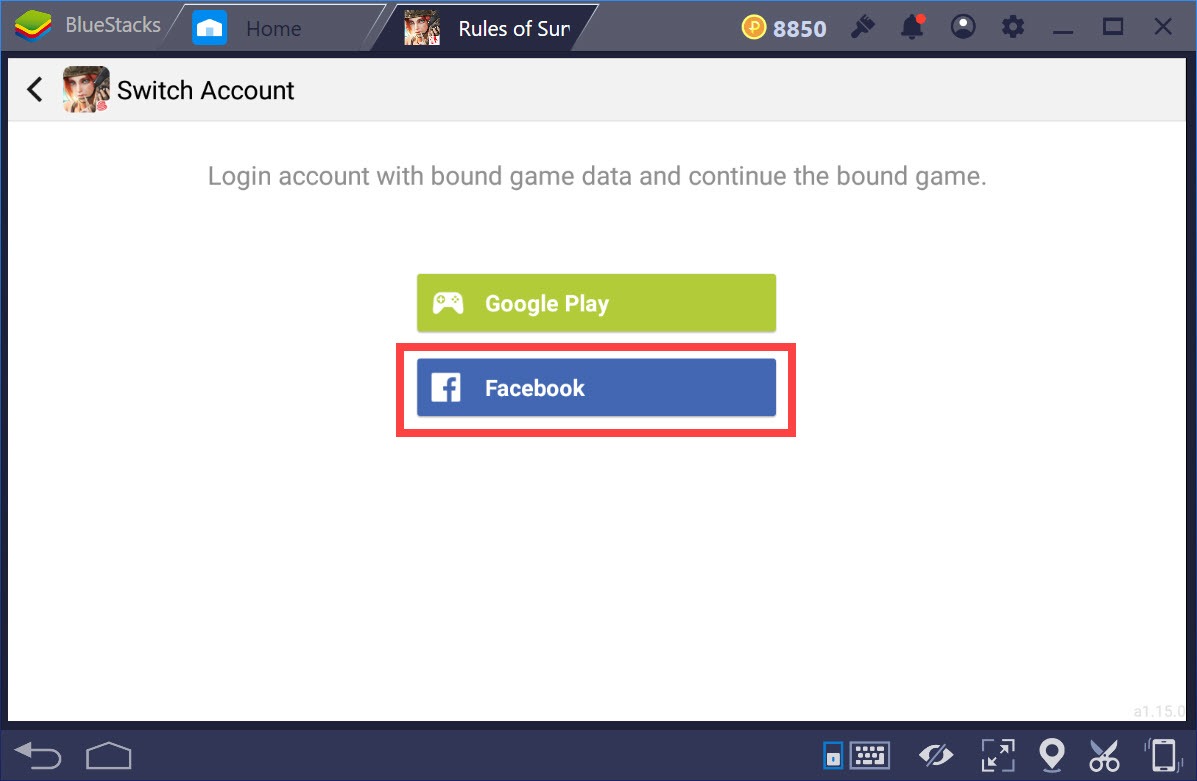 Hướng dẫn liên kết tài khoản Facebook, chuyển đổi tài khoản Rules of Survival trên BlueStacks